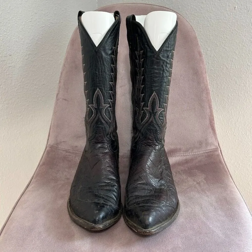 Vintage Men's Tony Lama Black Ostrich Leg Cowboy Boots J-Toe Size 9 Black Red